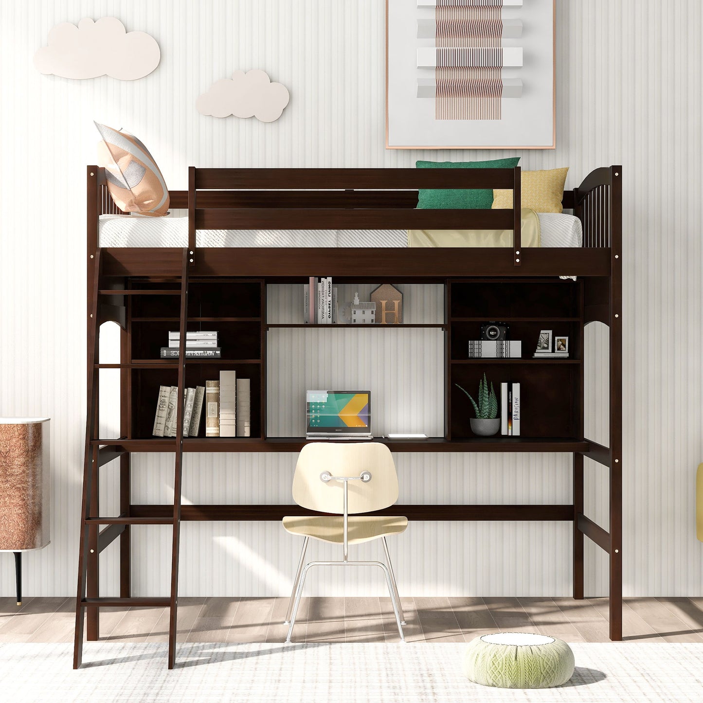 Loft Bed With Storage Shelves, Desk And Ladder