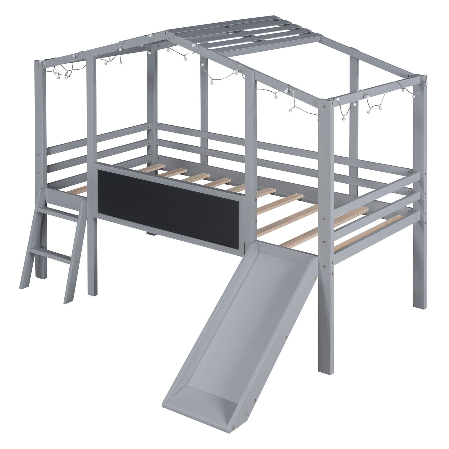 Loft House Bed With Ladder And Slide, With Blackboard And Light Strip On The Roof