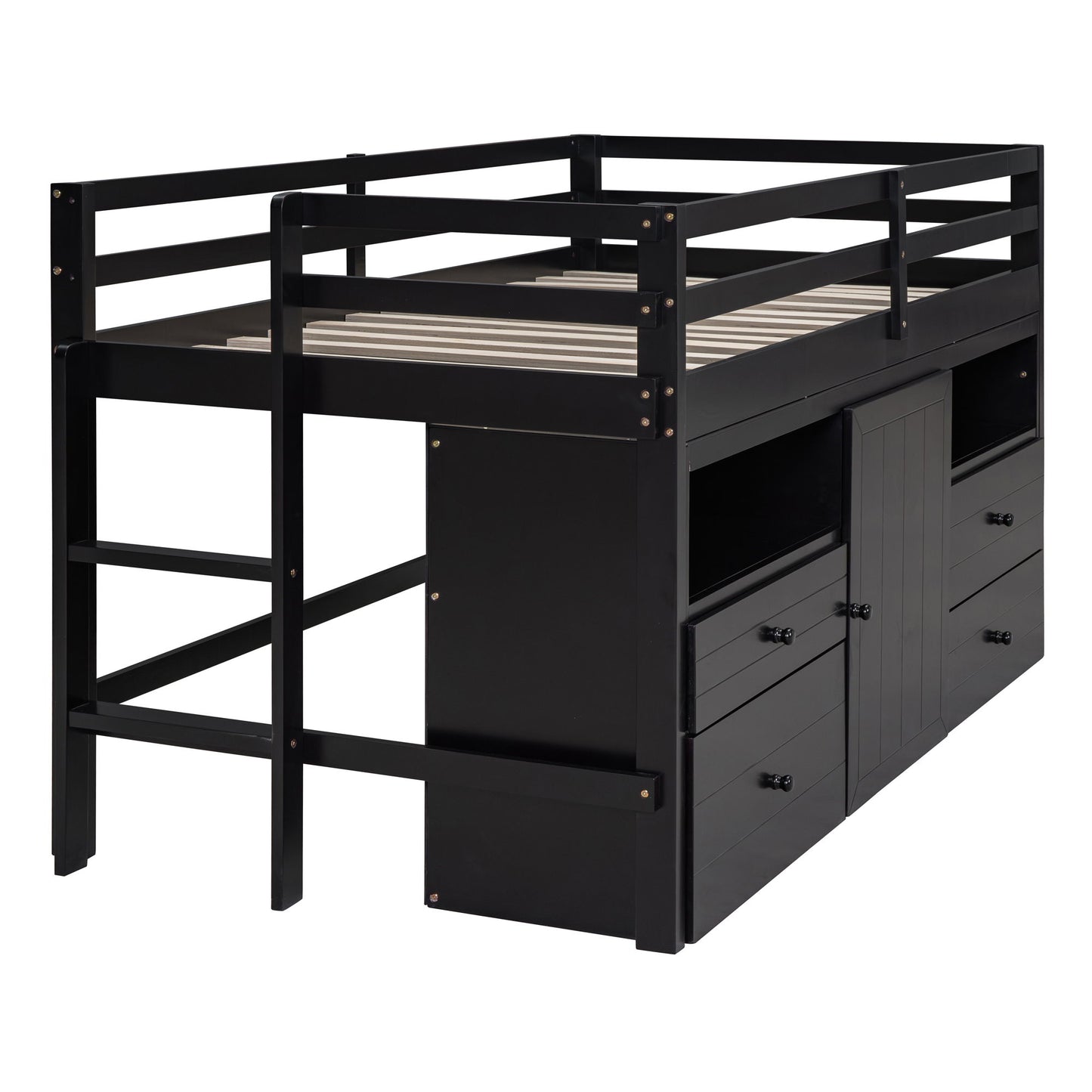 Loft Bed With 4 Drawers, Underneath Cabinet And Shelves