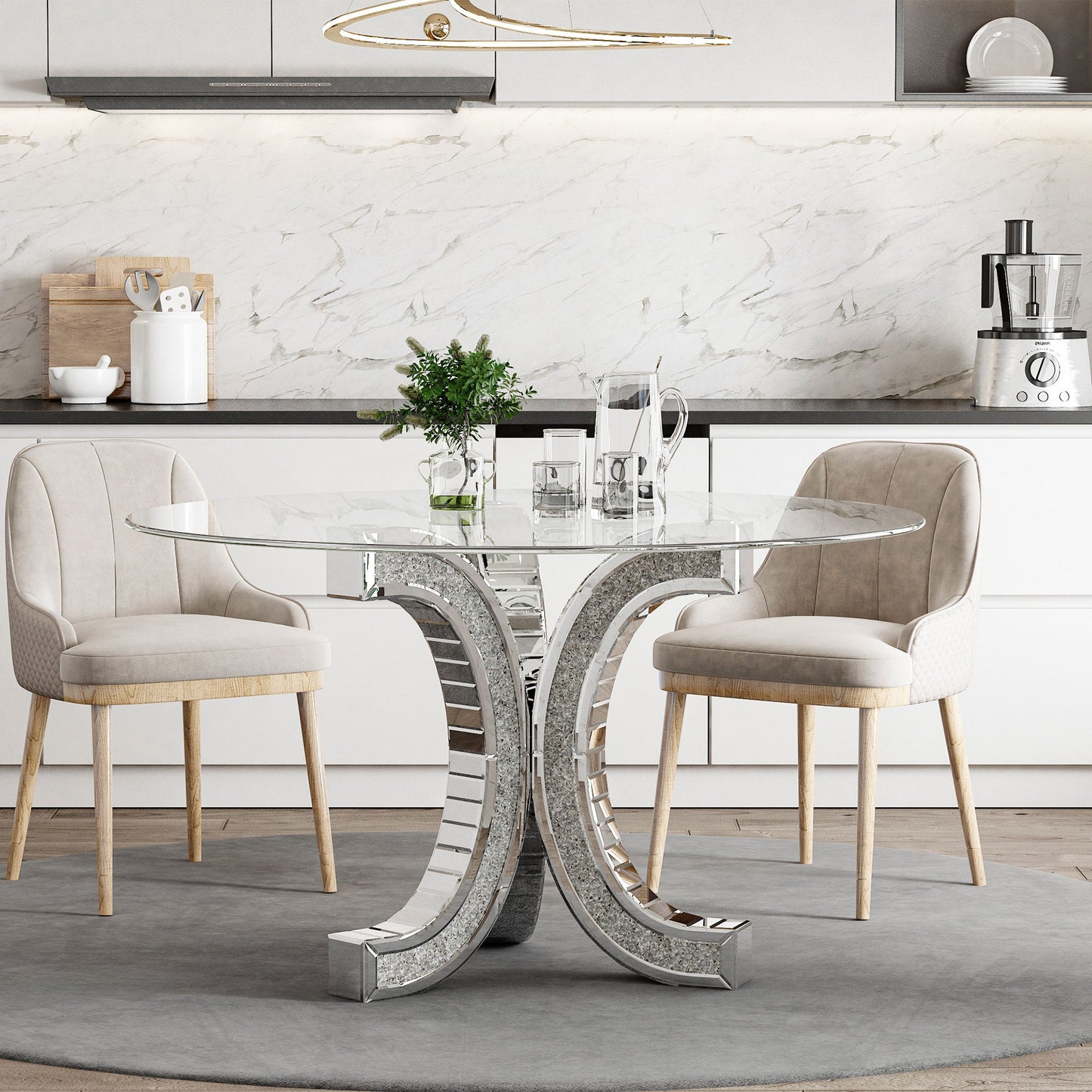 Round Glass Pedestal Dining Table With Tempered Glass Top - Silver