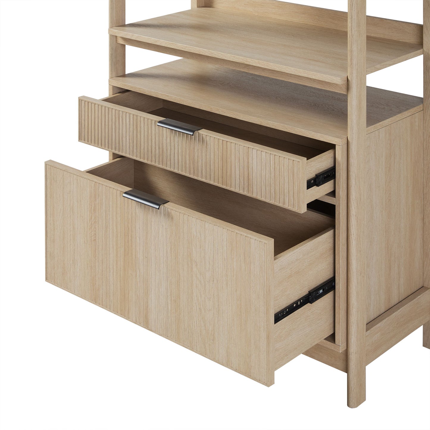 Transitional Wide Reeded Bookshelf With Drawers On Bottom