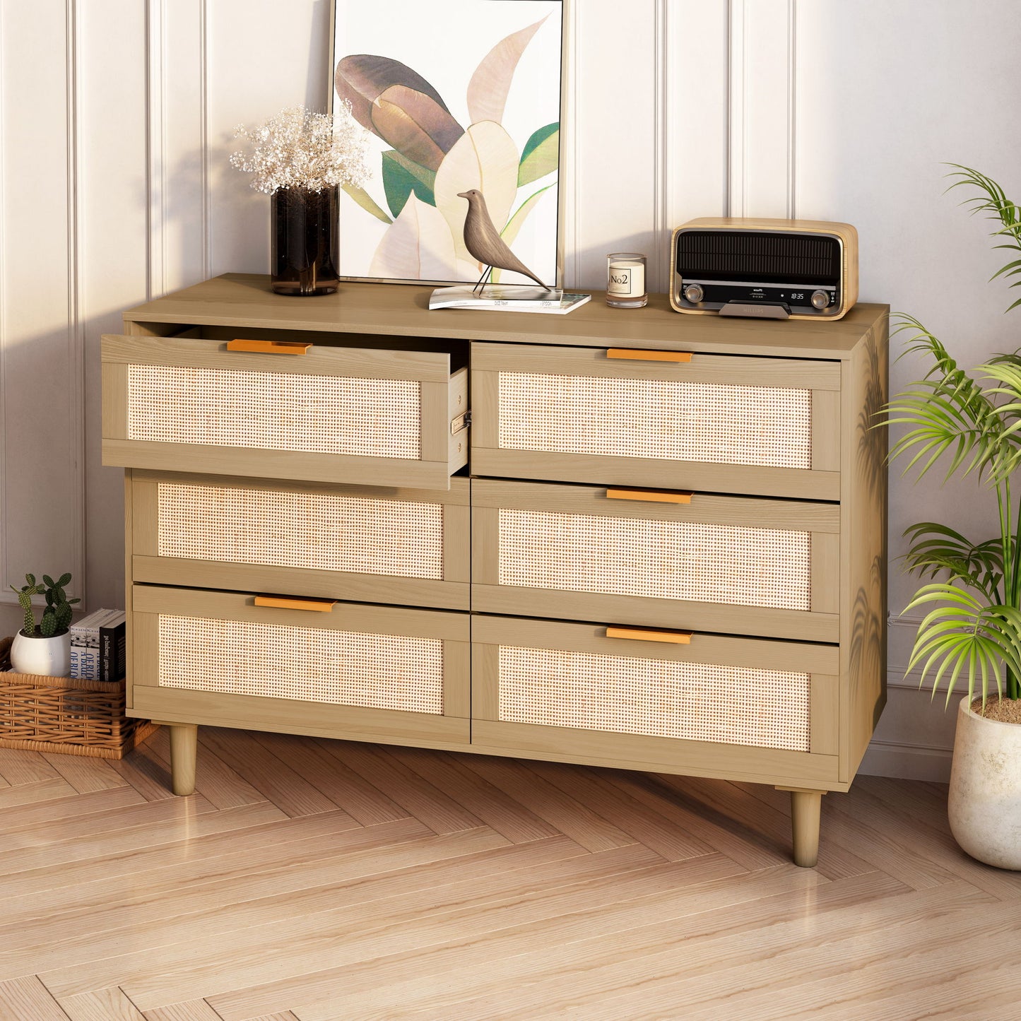Modern Rattan Dresser With 6 Drawers For Bedroom And Living Room - Oak