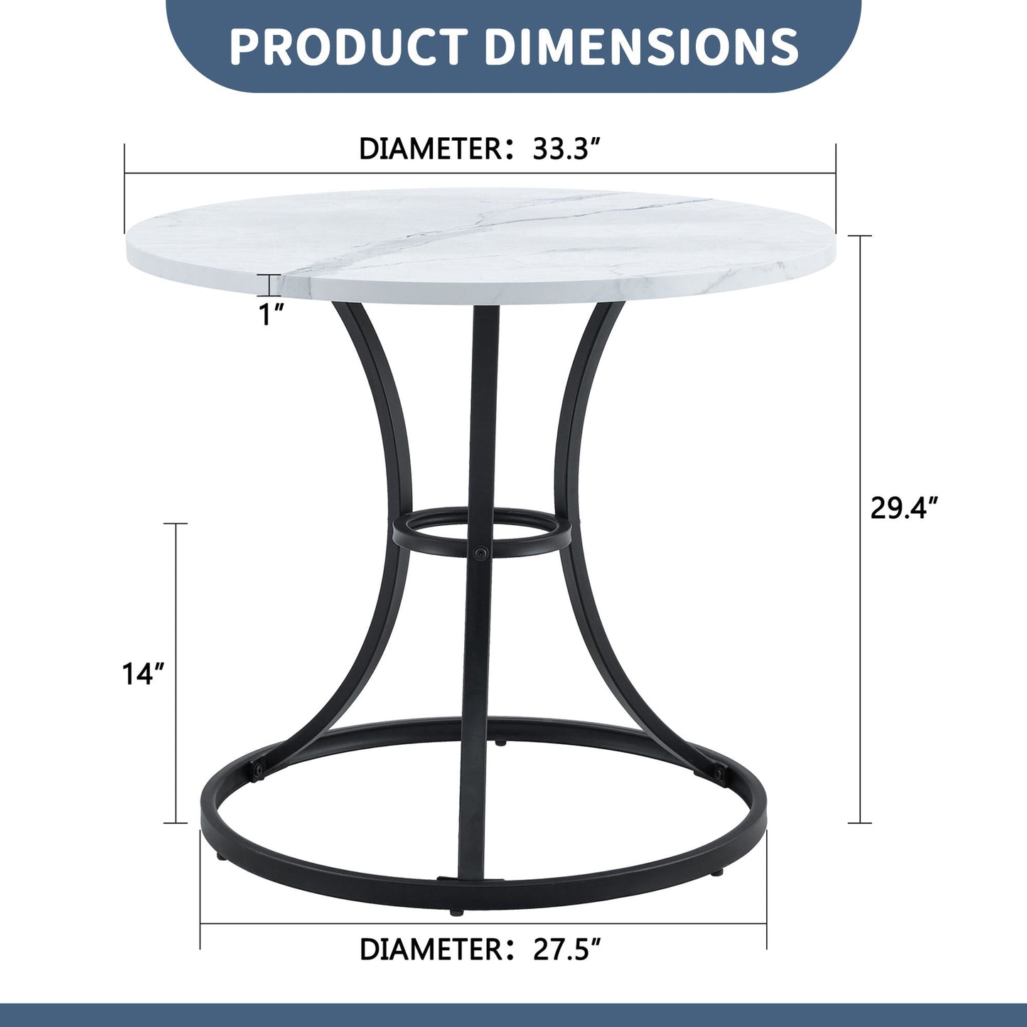 Modern Minimalist Circular Dining Table With Marble Texture And Metal Legs - White / Black