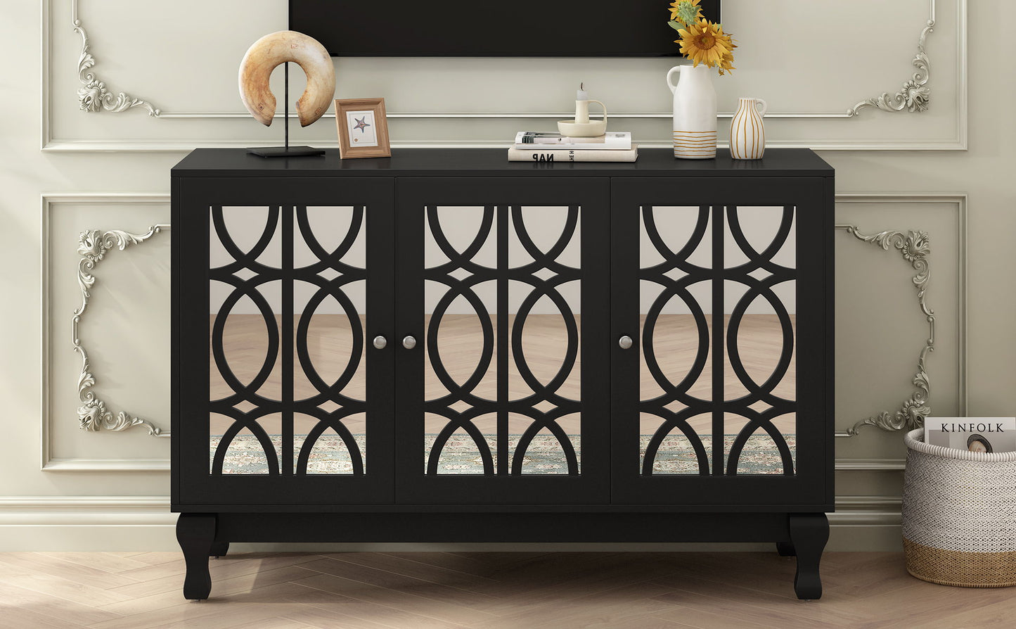 Modern Mirrored TV Stand, 3 Adjustable Shelves For Living Room