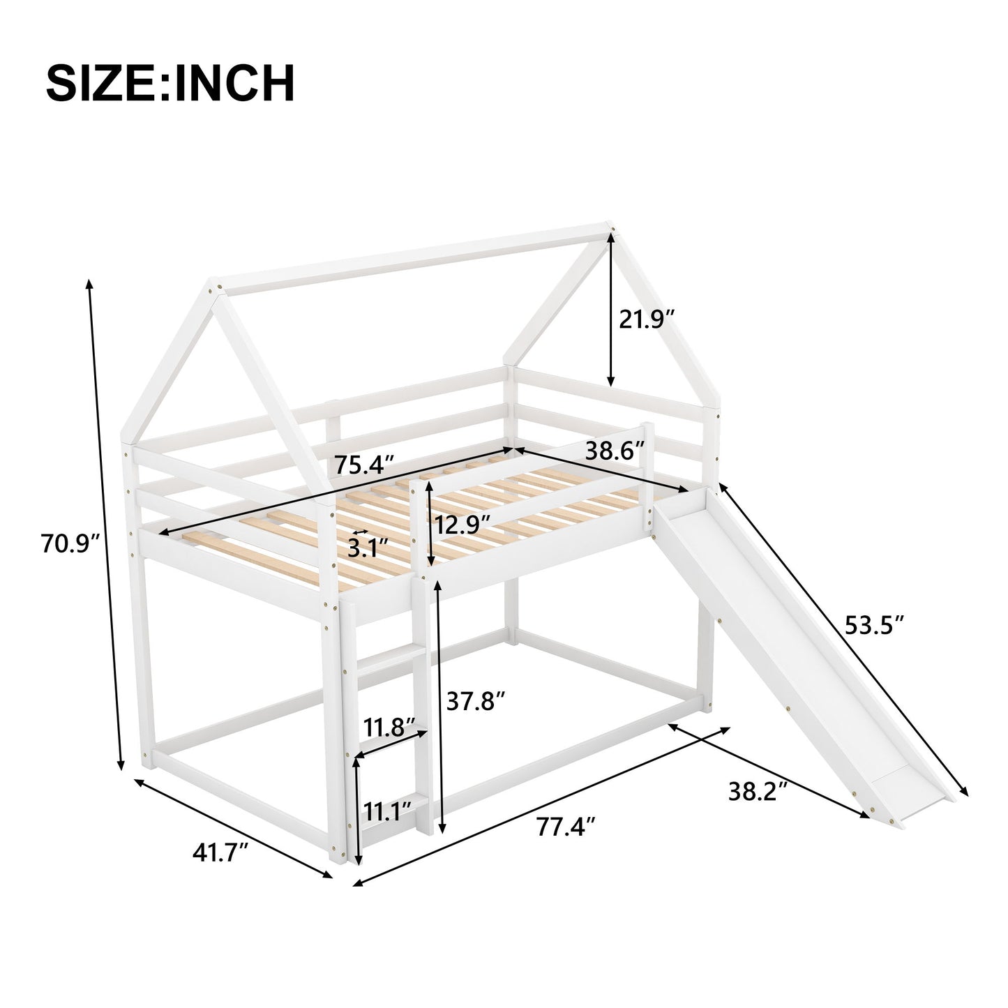 Twin Size Bunk House Bed With Slide And Ladder - White