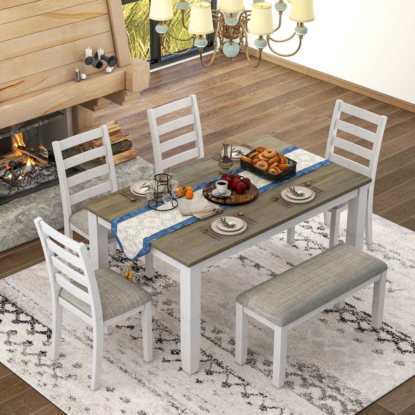 Rustic Style 6 Piece Dining Room Table Set With 4 Upholstered Chairs & A Bench - Brown / Whitewash