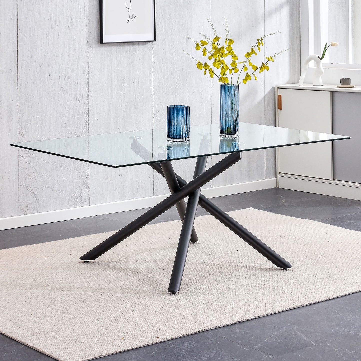 Modern Minimalist Rectangular Glass Dining Table For 6 - 8 With Tempered Glass Top And Metal Legs - Black / Transparent