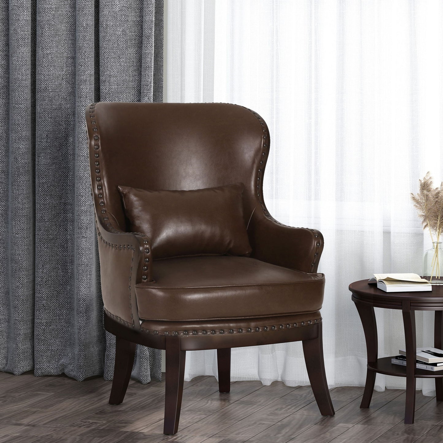 Accent Chair With Nailhead Trim And Birch Wood Legs - Dark Brown