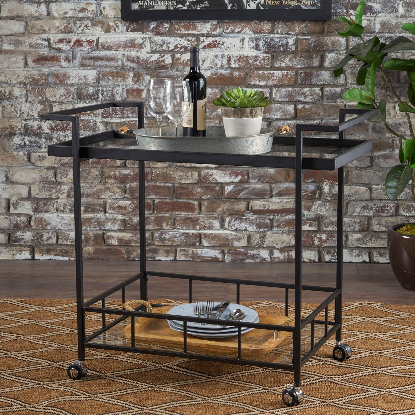 2 Tier Bar Cart, Utility Cart, Rolling Serving Cart, Kitchen Cart With Storage Shelves - Black