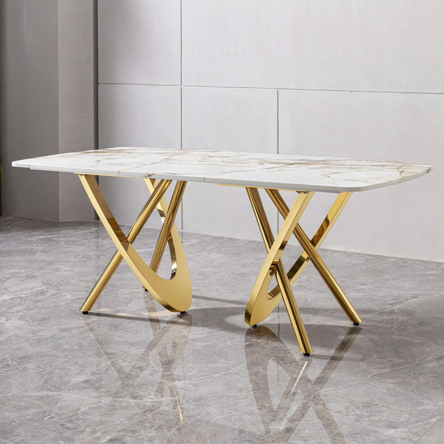 Marble Pattern Dining Table With Stainless Steel Base, Rectangular, Seats 6 Or 8 - Gold