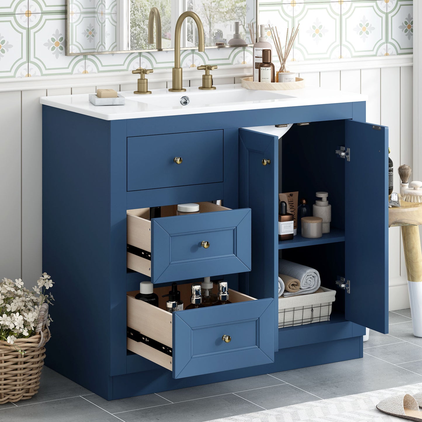 Bathroom Vanity With Ceramic Sink, Bathroom Storage Cabinet With 2 Drawers & Shelf, Freestanding Bathroom Cabinet - Blue