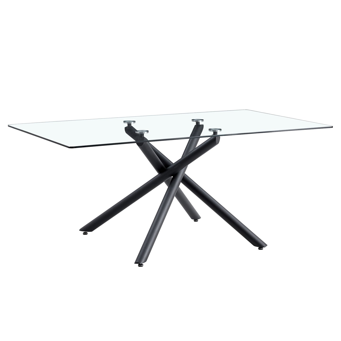 Modern Minimalist Rectangular Glass Dining Table For 6 - 8 With Tempered Glass Top And Metal Legs - Black / Transparent