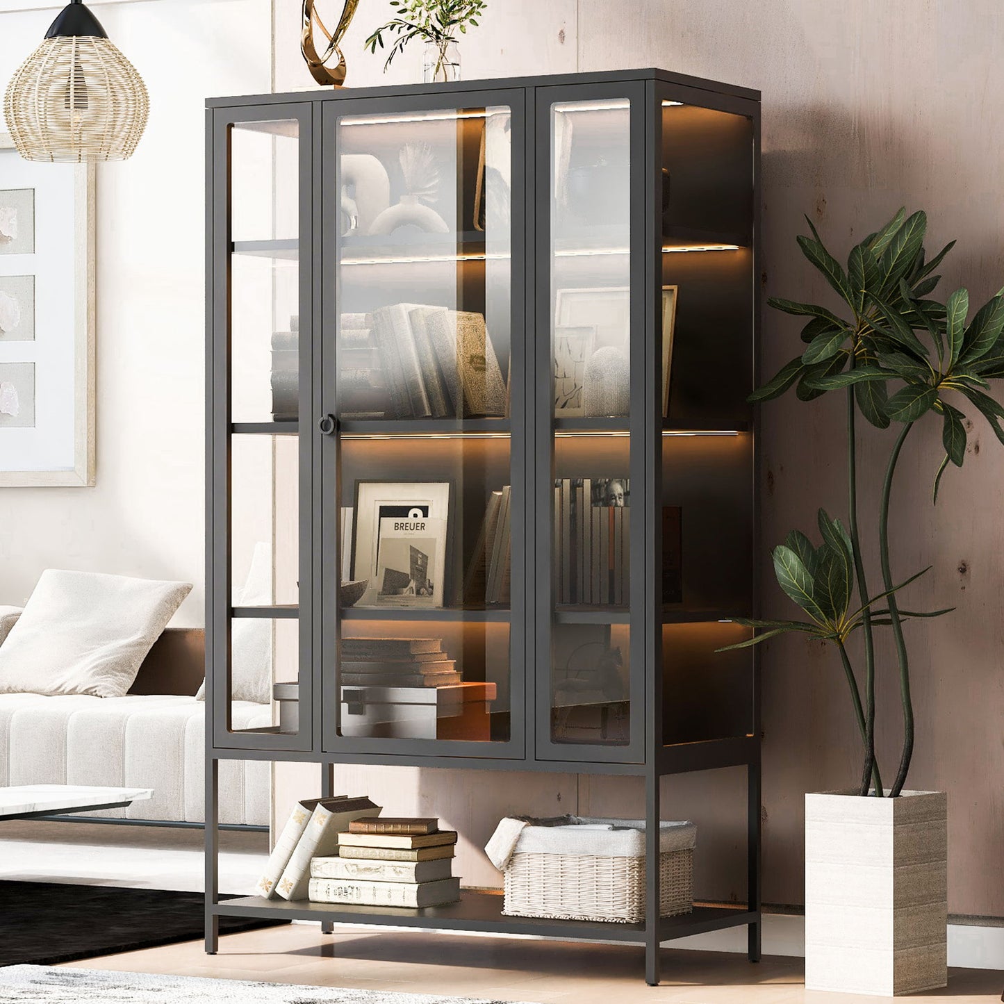 Modern Steel Display Cabinet With LED Lights And Glass Door For Home Or Workspace - Black