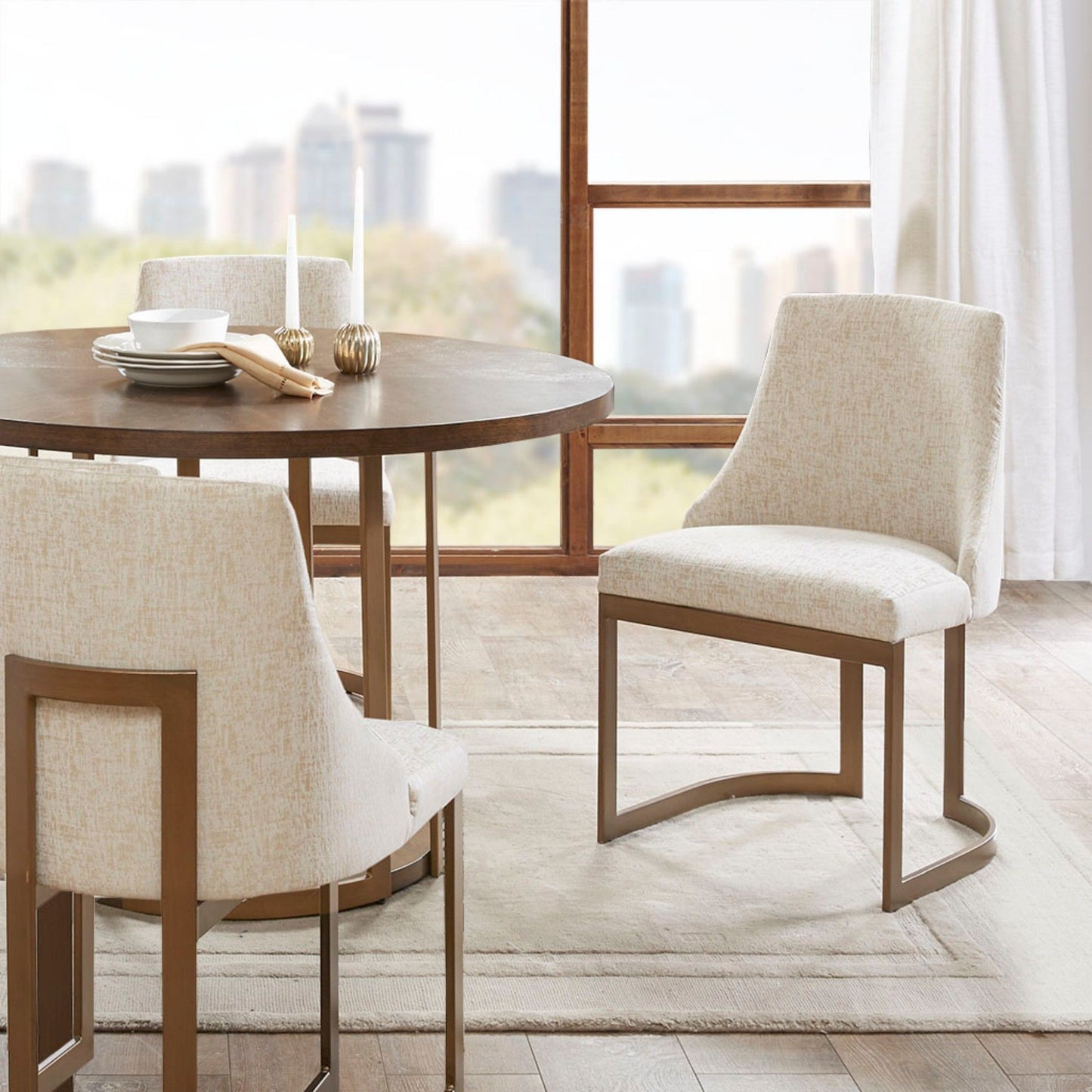 Contemporary Modern Accent Dining Chairs With Antique Gold Metal Frame (Set of 2) - Cream