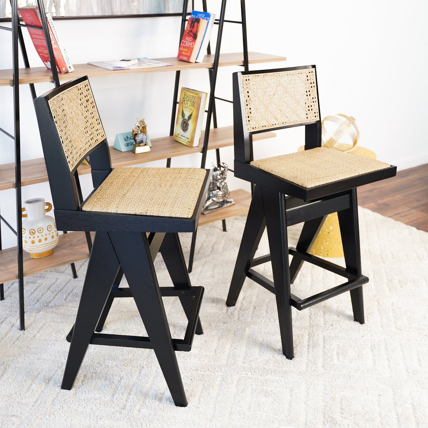 Keira - Bar Stool (Set of 2) - Black / Rattan
