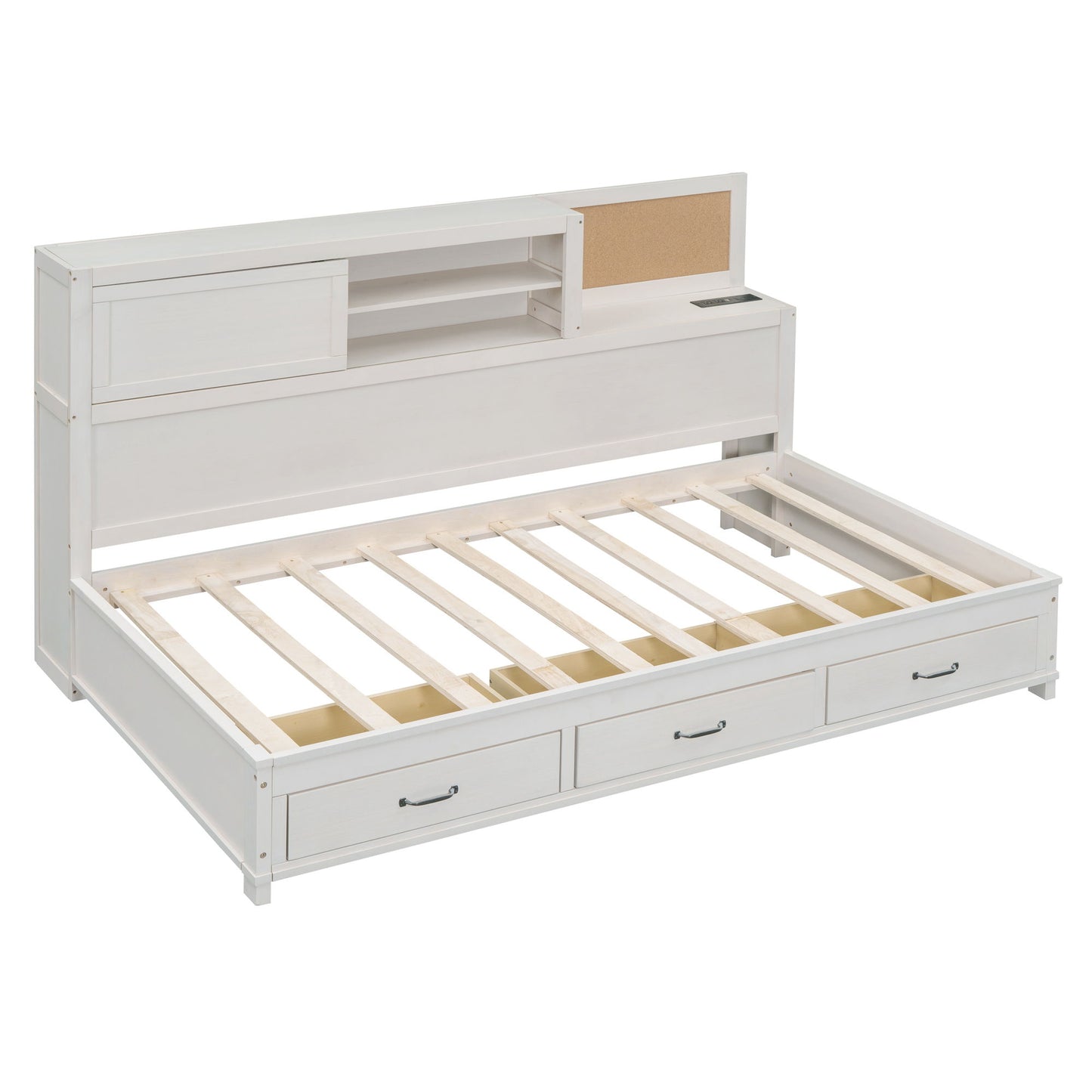 Twin Size Daybed With 3 Storage Drawers, Upper Soft Board, Shelf, And A Set Of Sockets And USB Ports - White