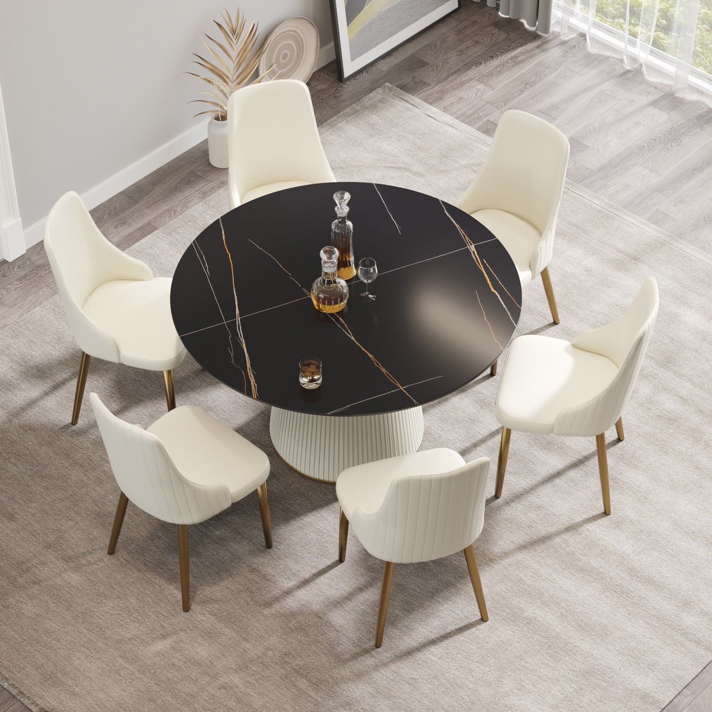 Modern Artificial Stone Round Plywood Base Dining Table, Can Accommodate 6 People, (Not Including Chairs) - Black / Beige