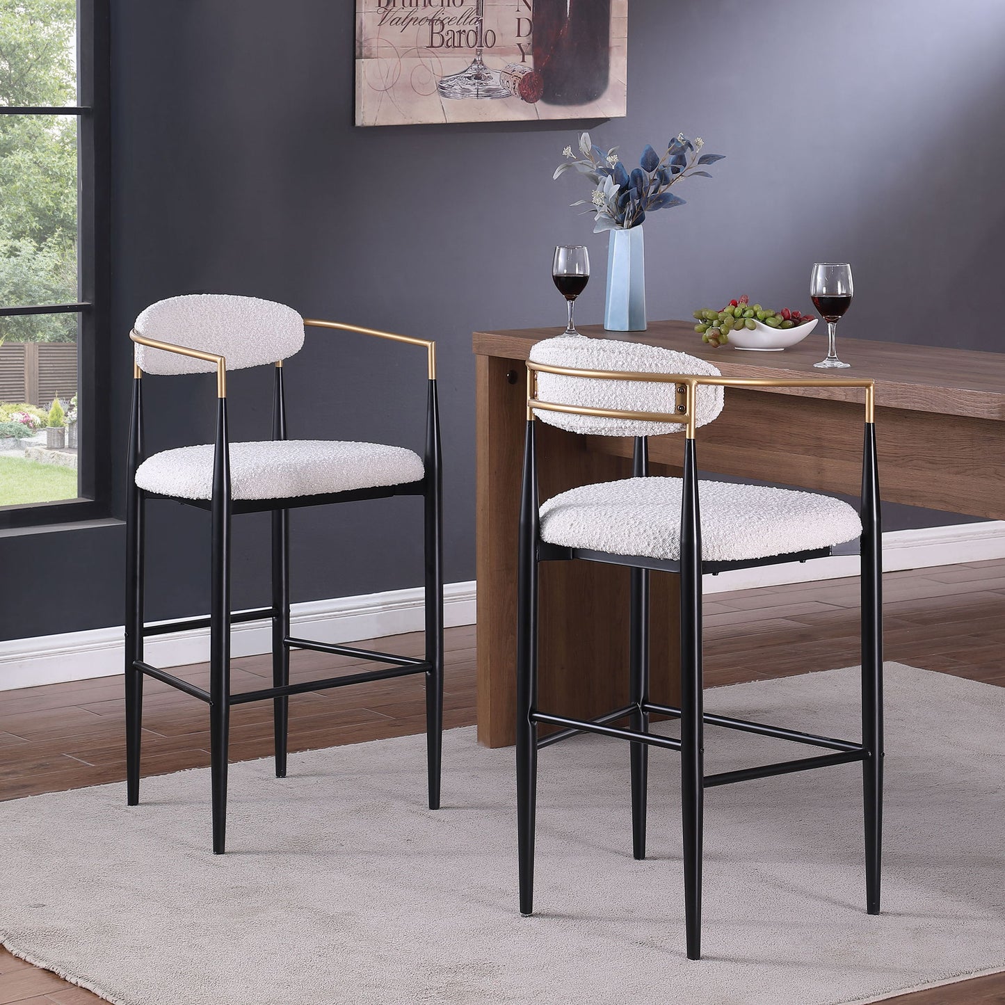 Barstools (Set of 2), Counter Height Upholstered Bar Stools With Backs And Iron Legs For Kitchen Island - Beige