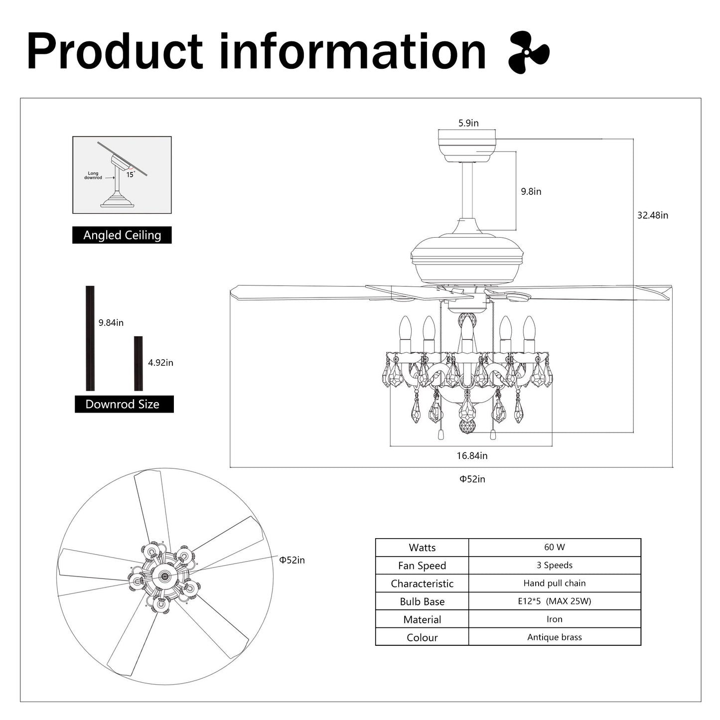 52" Crystal Shade Ceiling Fan Lamp, 3 Speed, 4 Timing, 5 Reversible Blades Crystal Ceiling Fan, 5 Pieces X E12 (No Include Bulb), Hand Pull Chain - Matte Black