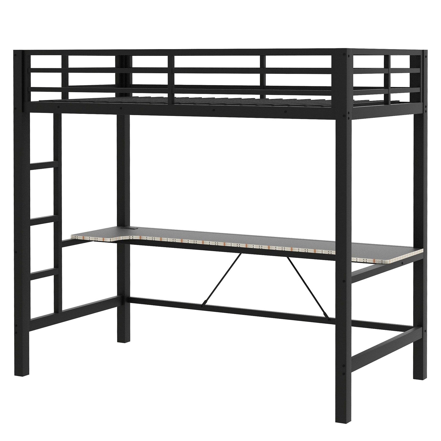 Gaming Metal Loft Bed Frame With LED Light, USB Charge Station And Desk