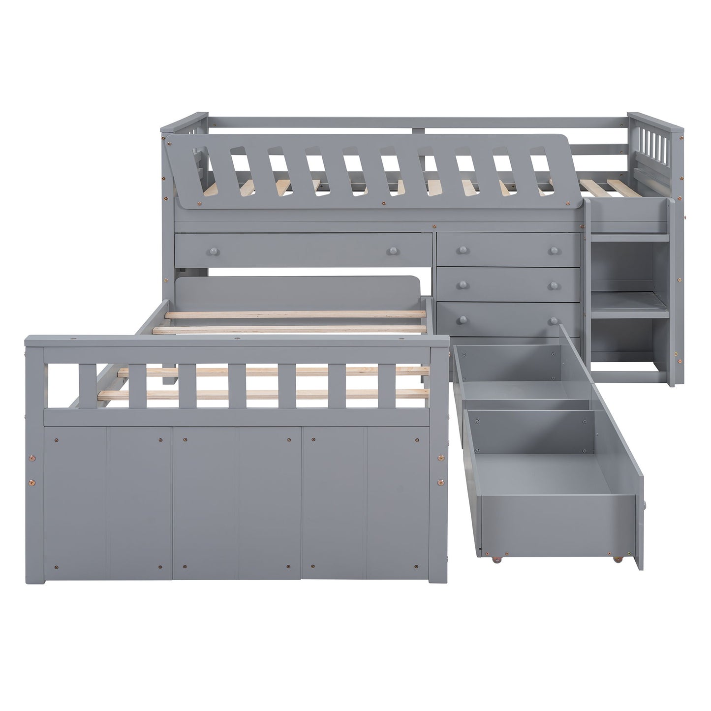 Loft Platform Bed With 7 Drawers And Full Guardrails, Modern L Shaped Space Savin