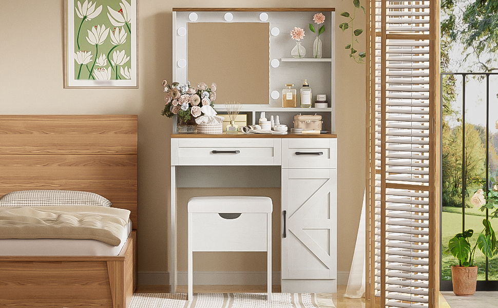 Farmhouse Makeup Vanity Desk With Mirror And Lights, 3 Lighting Modes, Vanity Set With Stool, Dressing Table With Adjustable Shelves, 2 Drawers And Side Cabinet For Bedroom - White