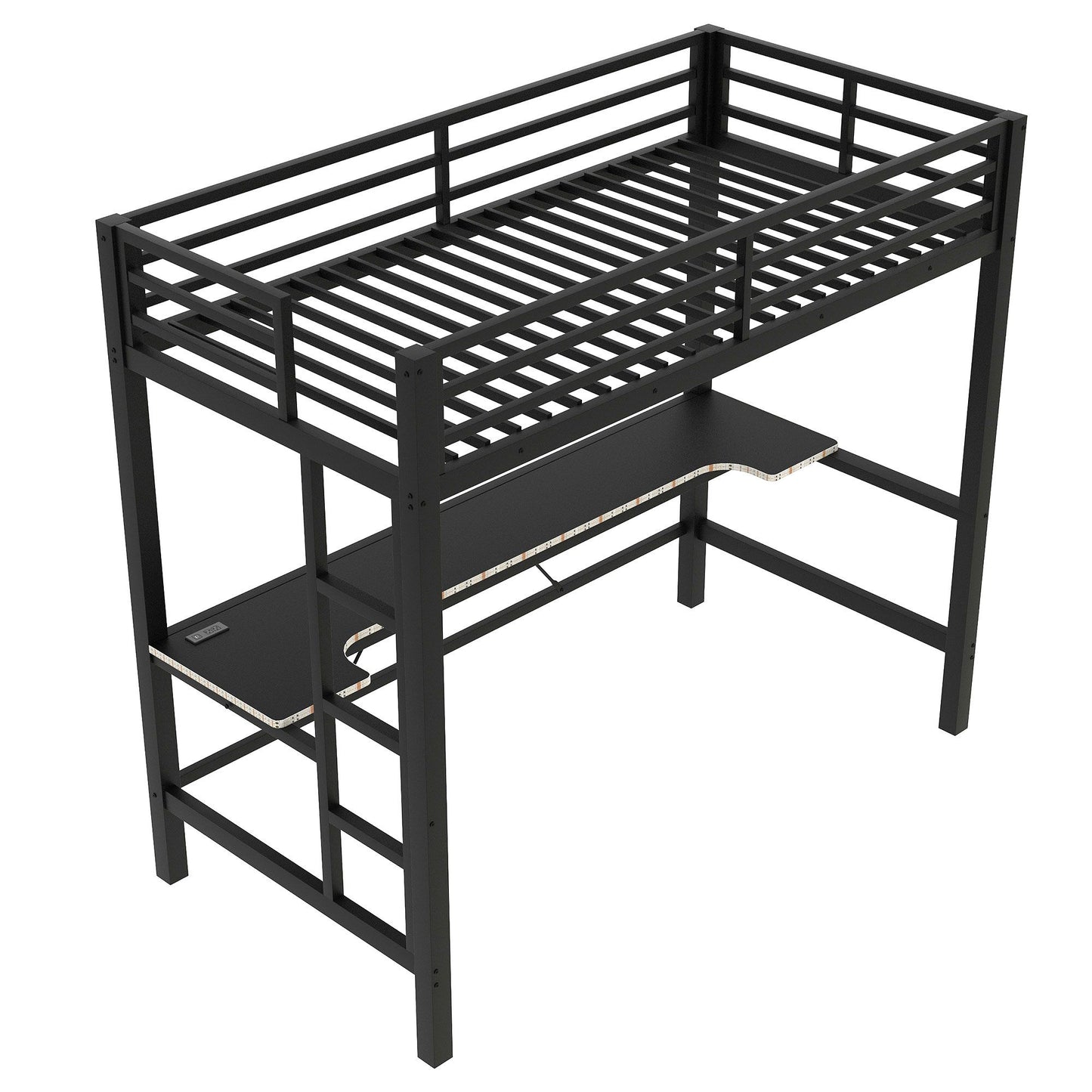 Gaming Metal Loft Bed Frame With LED Light, USB Charge Station And Desk