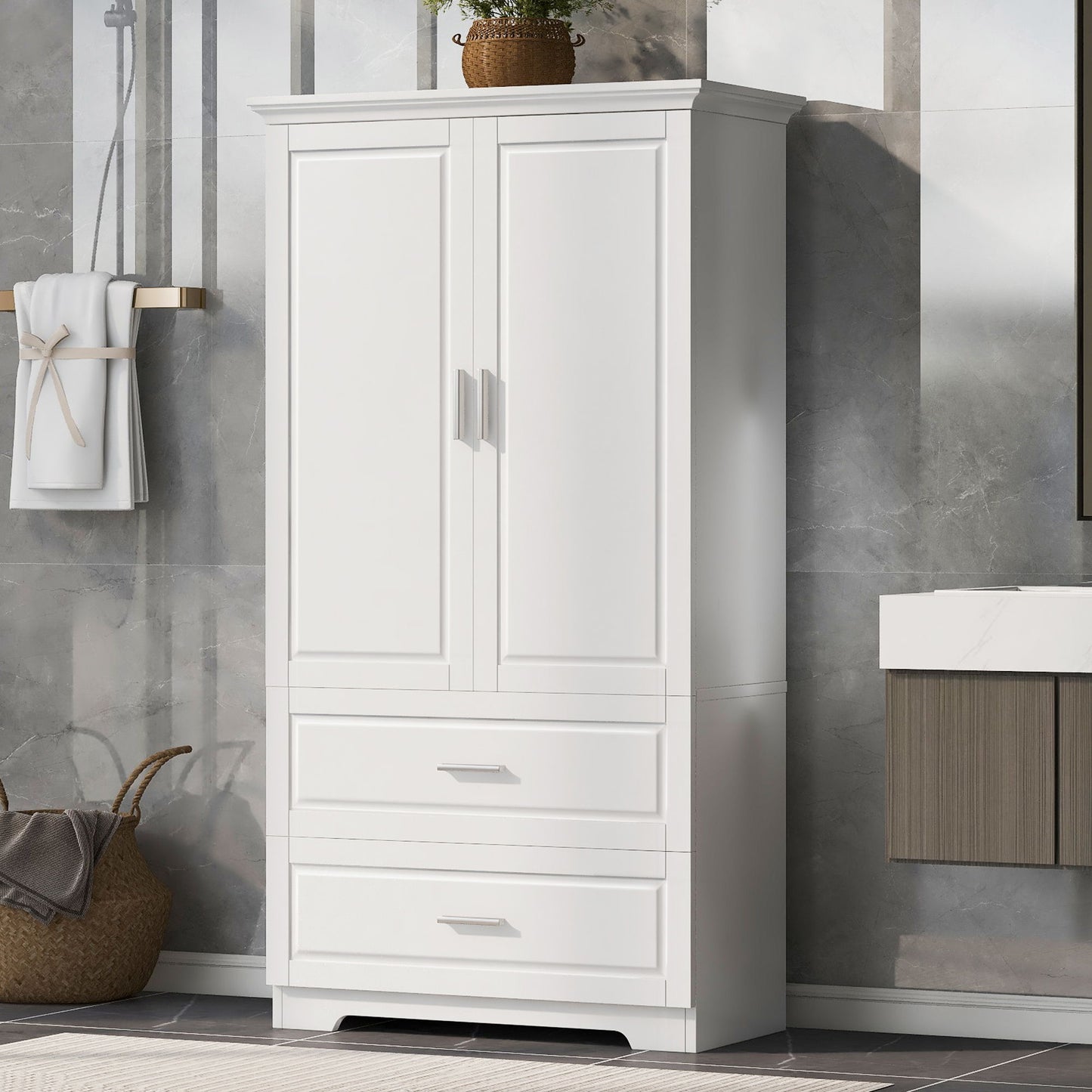 Tall Bathroom Storage Cabinet, Cabinet With 2 Doors And Drawers, Adjustable Shelf