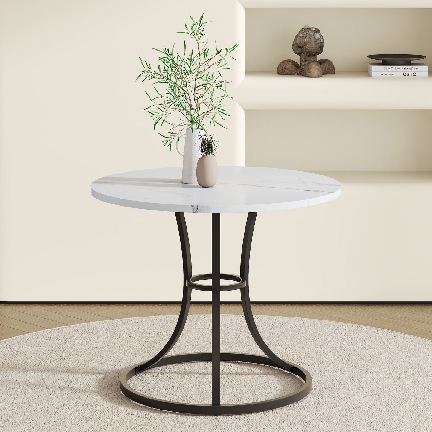 Modern Minimalist Circular Dining Table With Marble Texture And Metal Legs - White / Black