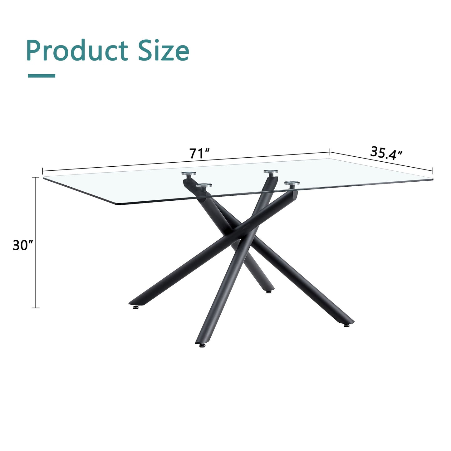 Modern Minimalist Rectangular Glass Dining Table For 6 - 8 With Tempered Glass Top And Metal Legs - Black / Transparent