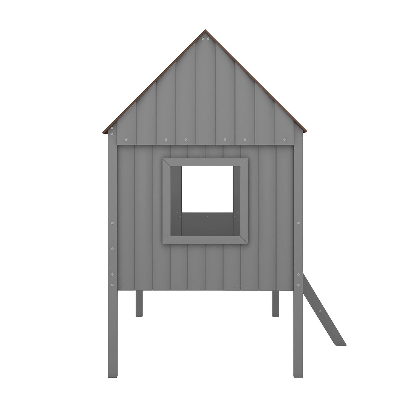 Twin Size Low Loft House Bed With Two Side Windows - Gray / Brown