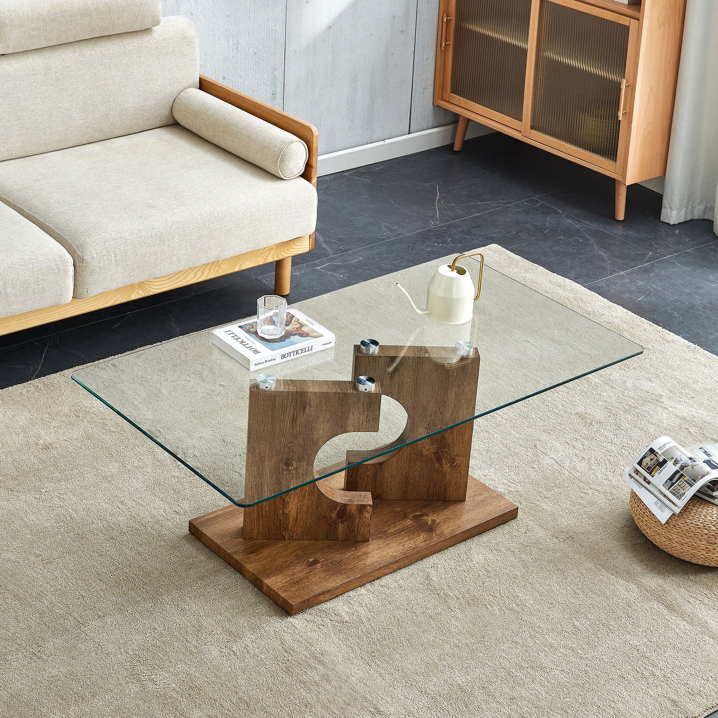Modern Rectangular Coffee Table With Tempered Glass Top - Natural Wood