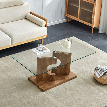 Modern Rectangular Coffee Table With Tempered Glass Top - Natural Wood