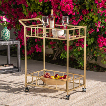 Modern Metal And Glass Bar Cart With Rolling Casters - Gold