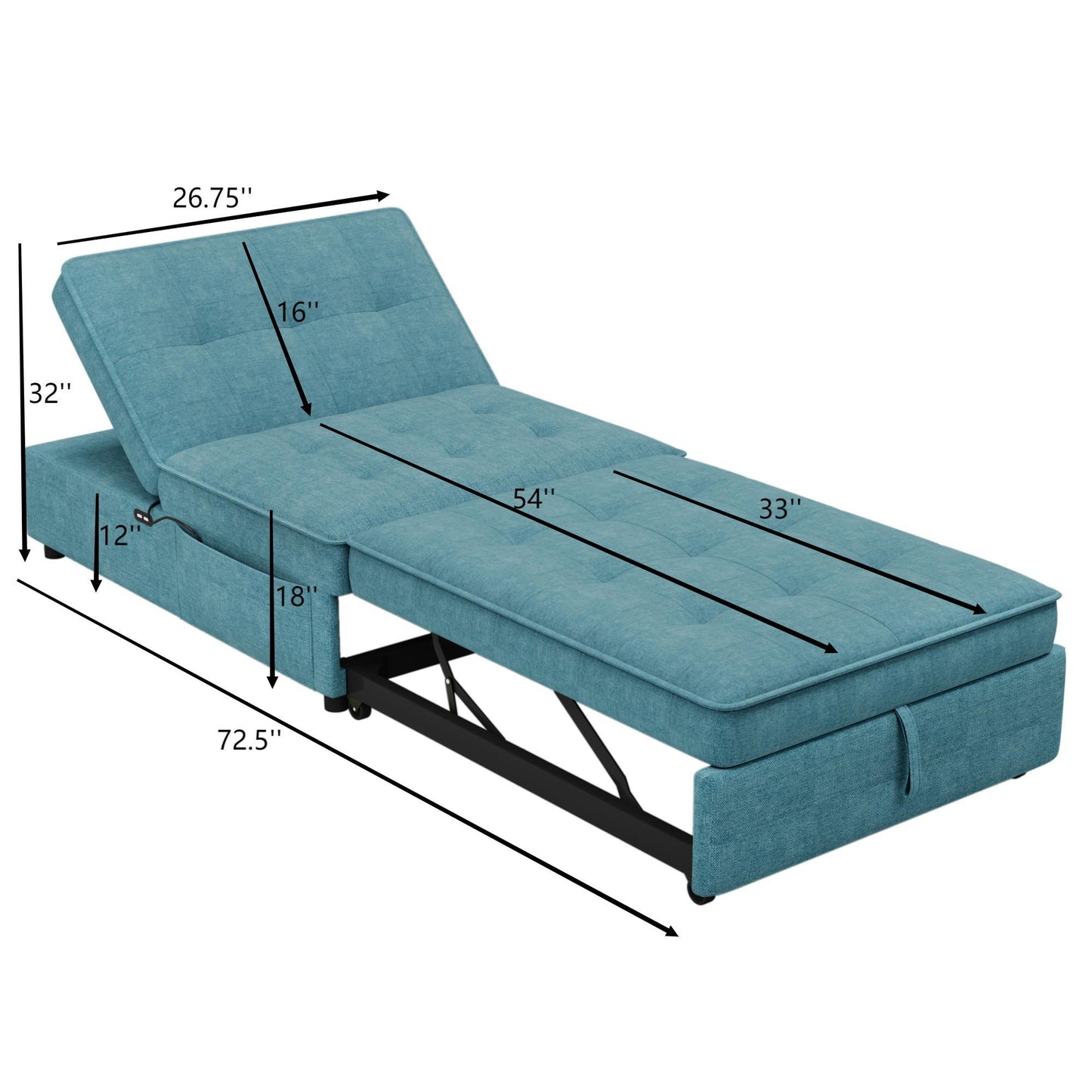 4 In 1 Sofa Bed, Multi Function Folding Ottoman Bed With Storage Pocket And USB Port For Small Room Apartment