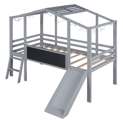 Loft House Bed With Ladder And Slide, With Blackboard And Light Strip On The Roof