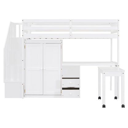 Loft Bed With Stairs, Bookshelf, Drawers, Desk & Wardrobe, Space Saving Multifunctional Furniture