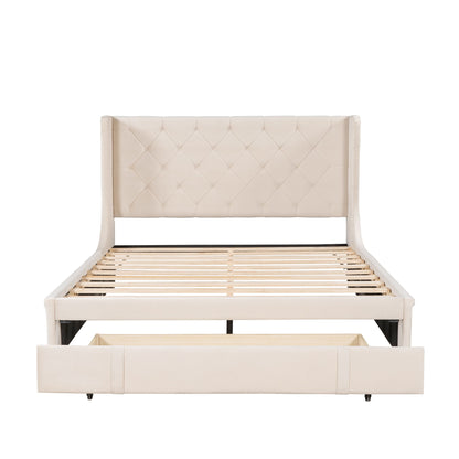 Storage Bed Velvet Upholstered Platform Bed With Wingback Headboard And A Big Drawer