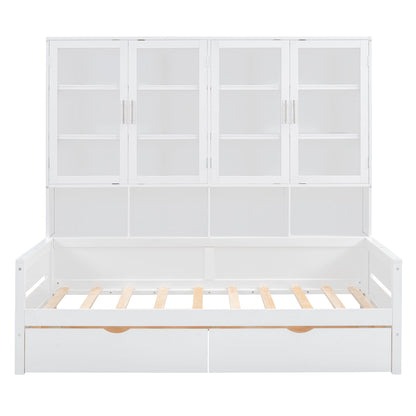 Daybed With Glass Door Storage Cabinets, Built In LED Lighting And Shelves
