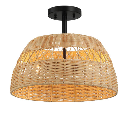 Twinkle - Double Lights Semi Flush With Shade - Black / Rattan