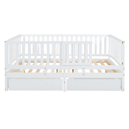 Daybed With Fence Guardrails And 2 Drawers, Split Into Independent Floor Bed & Daybed