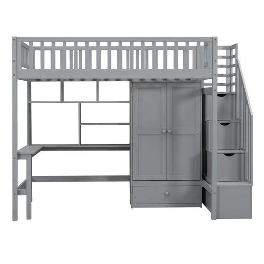 Loft Bed With Bookshelf, Drawers, Desk, And Wardrobe