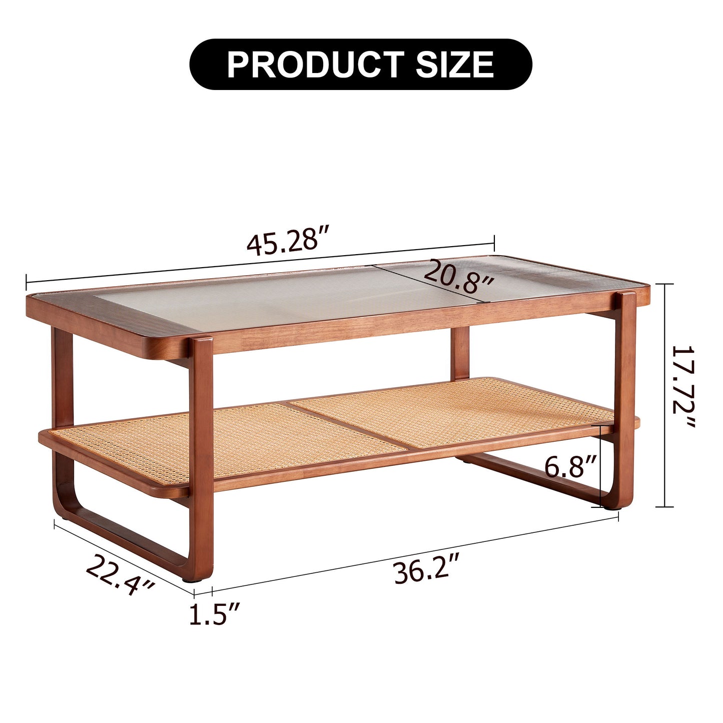 Modern Simple Rectangle Double Layer Solid Wood Glass Desktop Tea Table Rattan Woven Chinese Side Table Small Rectangle Table - Natural Wood
