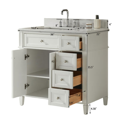 Freestanding Single Sink Bathroom Vanity With Solid Wood Construction And Engineered Marble Top - White