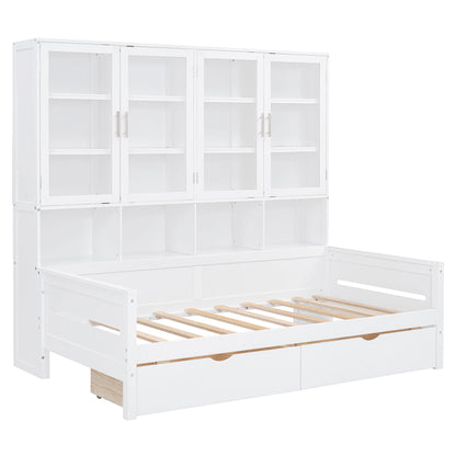 Daybed With Glass Door Storage Cabinets, Built In LED Lighting And Shelves