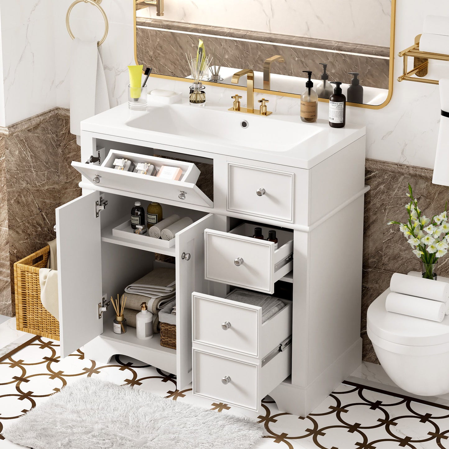 Bathroom Vanity With Resin Sink Combo, Frame Bathroom Storage Cabinet, Freestanding Vanity Set With 3 Drawers & Adjustable Shelf - White