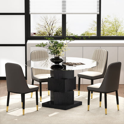 Wood Pedestal Round Dining Table Tempered Glass Top - Black