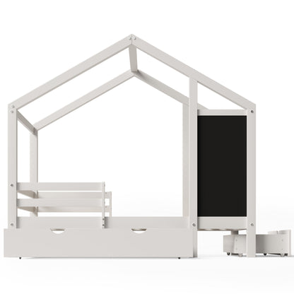 Twin House Bed With Blackboard And Drawers, 2 Assembly Options - White