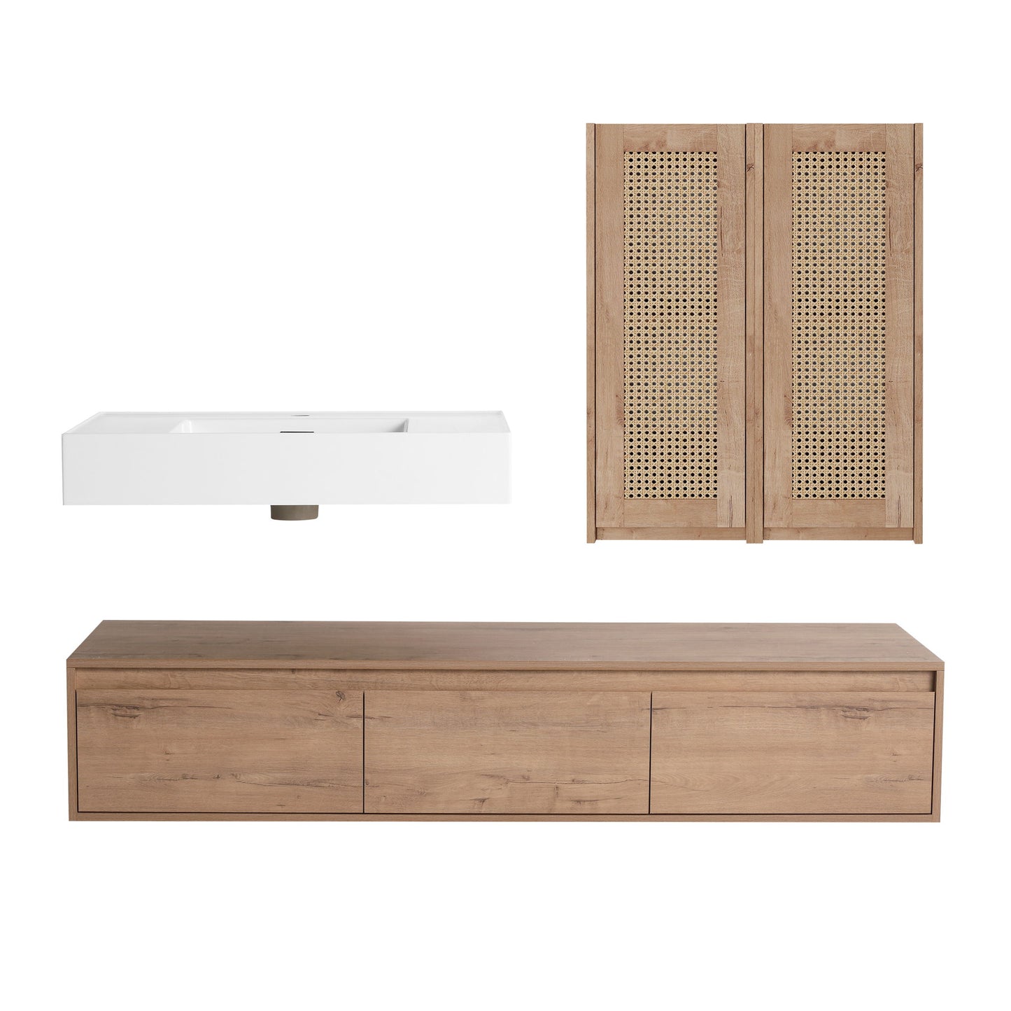 Modern Wall Mounted Bathroom Vanity With Resin Sink And 2 Side Cabinet, Imitative , Construction - Imitative Oak