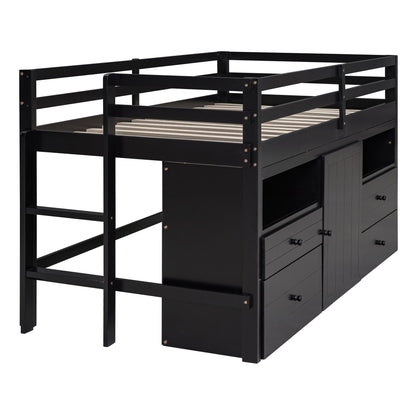 Loft Bed With 4 Drawers, Underneath Cabinet And Shelves